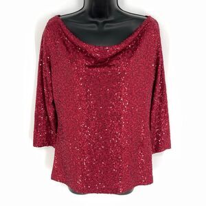 Eileen Fisher Silk Sequin Cowl Neck Top Sz XS Red 3/4 Sleeve Stretch Lined Party